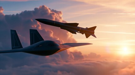 Fototapeta premium Stealth drone flying with missile through dramatic sunset sky, representing modern air defense technology and future conflict
