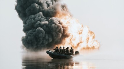 Fototapeta premium Military team operating rapidly in boat, navigating past immense fire explosion and thick black smoke cloud on water