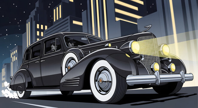 Captivating vintage luxury car illustration against a dynamic urban night background, an exquisite design asset perfect for compelling marketing visuals and sophisticated brand logos