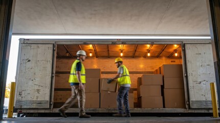 Fototapeta premium Two hardworking male warehouse workers unloading boxes from a truck at a loading dock.