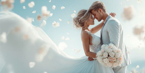 Obraz premium Elegant couple swaying beneath flowing veil amidst suspended petals and warm cinematic tones