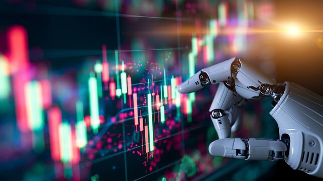 Robotic hand analyzing glowing financial market chart, artificial intelligence trading data and candlestick graphs