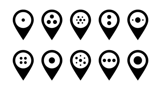 Location markers set with various dot patterns inside featuring map icons, navigation symbols, black and white with minimalist design and vector