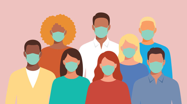 Diverse group of people wearing protective face masks to ensure safety and health awareness in a community flat design illustration style