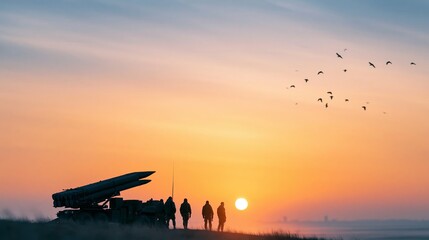Fototapeta premium Silhouetted missile system and soldiers overlooking scene at golden sunset, with birds flying, creating strong concept of war and peace