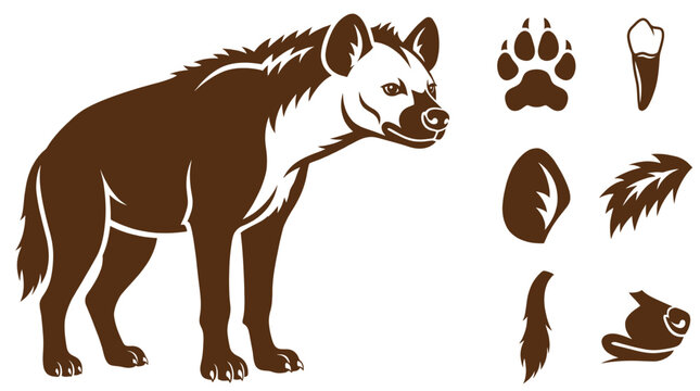 Brown hyena silhouette vector infographic sheet displaying animal body parts paw print tooth ear fur tail and nose white background.