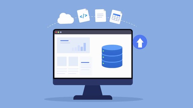 Animated flat dashboard interface featuring database server elements, upload action icon, desktop monitor, and modern data management technology scene.