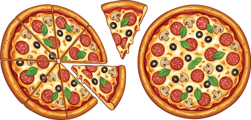 Delicious whole pepperoni pizza vector set with sliced pieces mushrooms olives basil and melting cheese isolated on white background