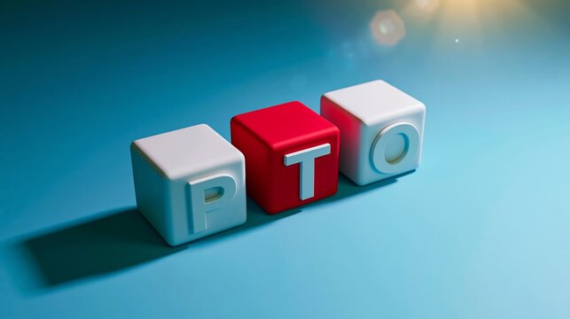 Three dimensional cubes spelling PTO, symbolizing paid time off, vacation, and work life balance for modern employees