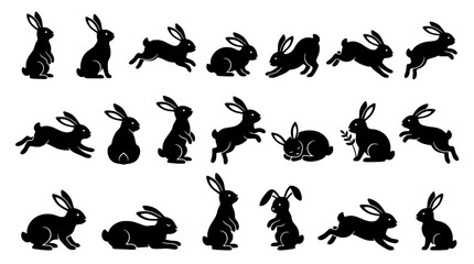Fototapeta premium Rabbit silhouettes set with vector style, varied poses and ears, for holiday, farm, and spring themed designs