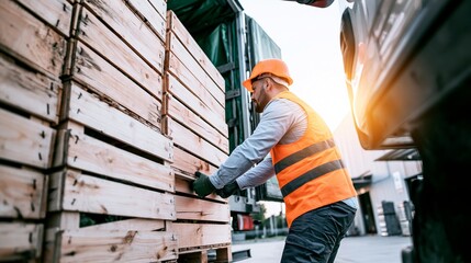 Fototapeta premium Worker loading fresh produce crates onto delivery truck, logistics and supply chain distribution