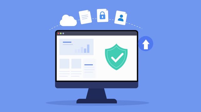 Animated flat dashboard interface featuring security shield protection, upload action icon, desktop monitor, and modern cybersecurity technology scene.