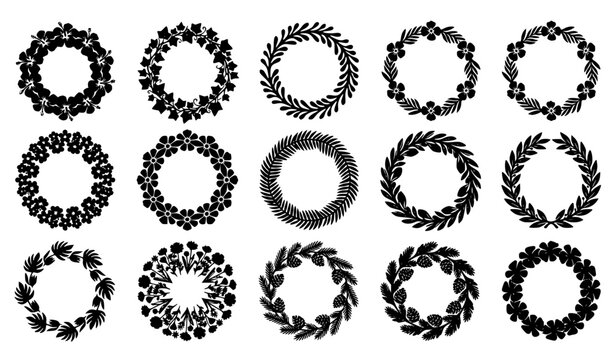 Bold black silhouette Mother's Day flower wreath vector icon set with solid botanical frames and blooming hibiscus shapes