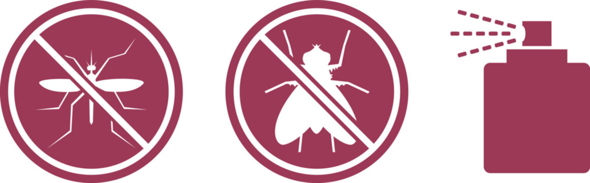 vector set of red warning icons showing crossed out mosquito and fly symbols for insecticide spray bottle pest control labeling design symbol
