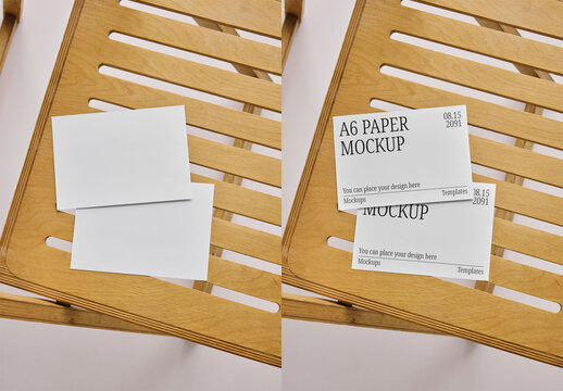 Mockup Of Two Customized A6 Horizontal Leaflets On Chair