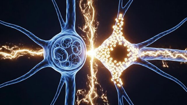 Medical CGI Visualization of Long-Term Potentiation Demonstrating Neuronal Connectivity and Electrical Activities in a Dark Background