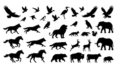 Hand Drawn Wildlife Forest Animals and Flying Birds Silhouette Vector Collection © Boloram