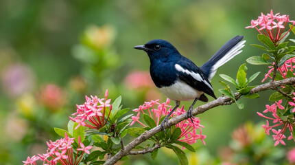 Fototapeta premium Majestic Oriental Magpie-Robin Perched on Blooming Pink Ixora