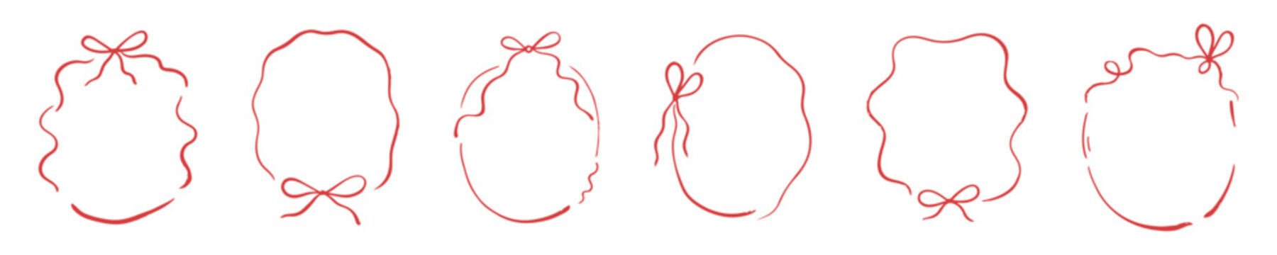 Hand drawn trendy red frames with wavy lines, bows and ribbons, sketchy decorative border collection in bold romantic style. Expressive doodle edge designs for greeting cards and Valentine branding