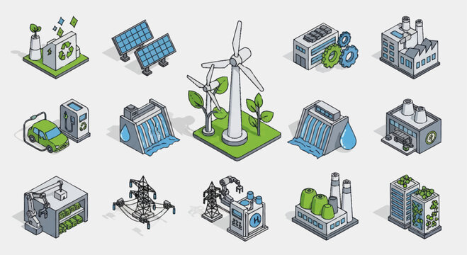 Isometric illustrations of renewable energy sources and sustainable technologies.