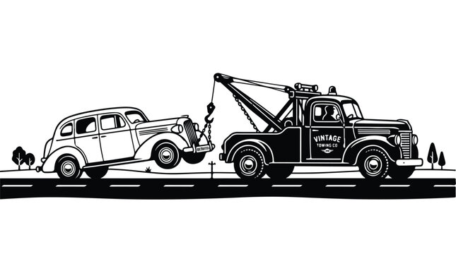 Vintage tow truck towing a classic car along a rural road in a nostalgic black and white illustration