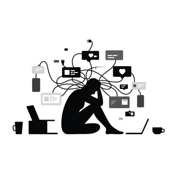 Person overwhelmed by digital technology, surrounded by devices and social media icons.