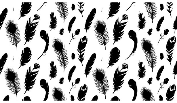 Black Feather Seamless Pattern Background with Flying Feathers Design
