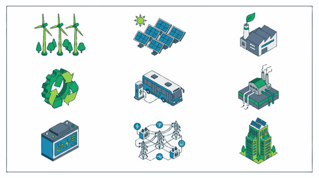 Isometric Illustrations of Renewable Energy Sources and Sustainable Technology.