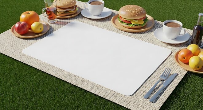 Blank white placard on picnic mat surrounded by burgers and fruits on grass for outdoor dining invitation layout