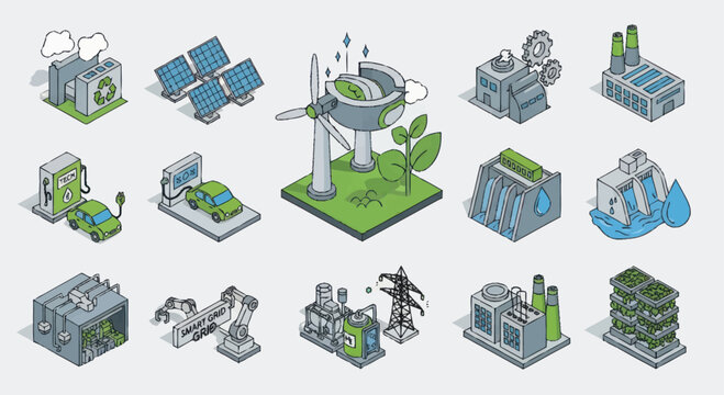 Isometric illustrations of sustainable energy sources and green technology.