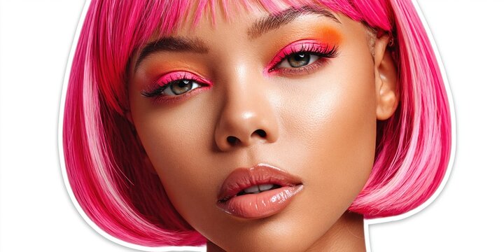 Vibrant hot pink bob wig with bangs and striking neon makeup for a bold look