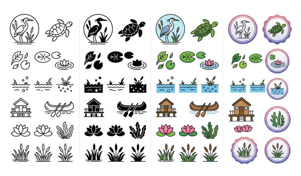 Water garden and pond icon set