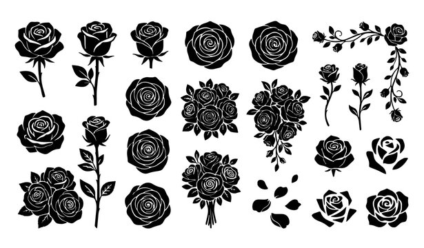 Black silhouette rose collection floral design elements for various applications