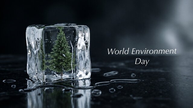 Melting Ice Cube with Tiny Tree Inside &ndash; Climate Change Concept

