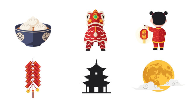 Chinese New Year and Mid-Autumn Festival cultural symbols collection.