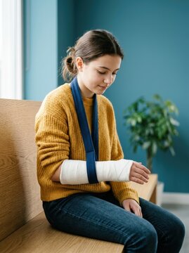Teenager girl with broken arm in cast and sling. Young woman suffering from hand injury after accident. Medical recovery, orthopedic treatment and bone fracture concept in clinic room.