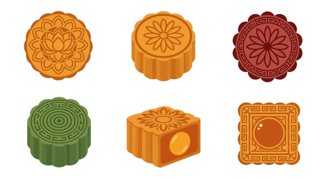 Collection of traditional Chinese mooncakes in various shapes and colors, celebrating Mid-Autumn Festival.