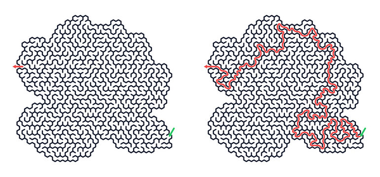 Complex labyrinth maze with solution path isolated on transparent background PNG educational logic puzzle game with entry and exit route for kids learning problem solving and brain training