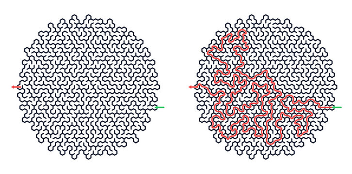 Complex labyrinth maze with solution path isolated on transparent background PNG educational logic puzzle game with entry and exit route for kids learning problem solving and brain training