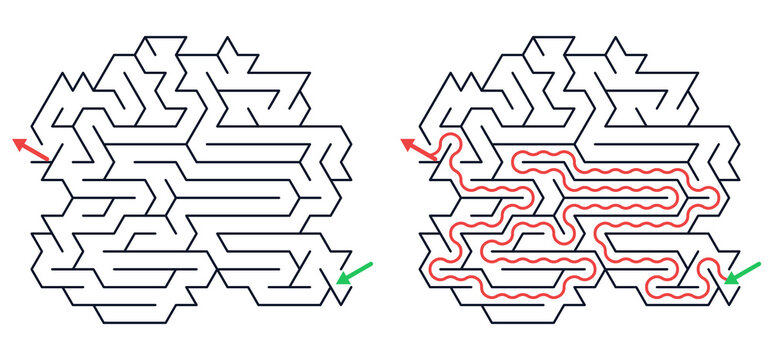 Complex labyrinth maze with solution path isolated on transparent background PNG educational logic puzzle game with entry and exit route for kids learning problem solving and brain training