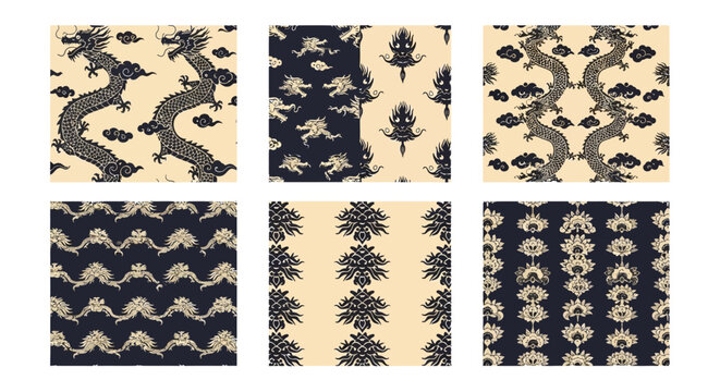 Set of six traditional Japanese patterns featuring dragons and floral motifs.