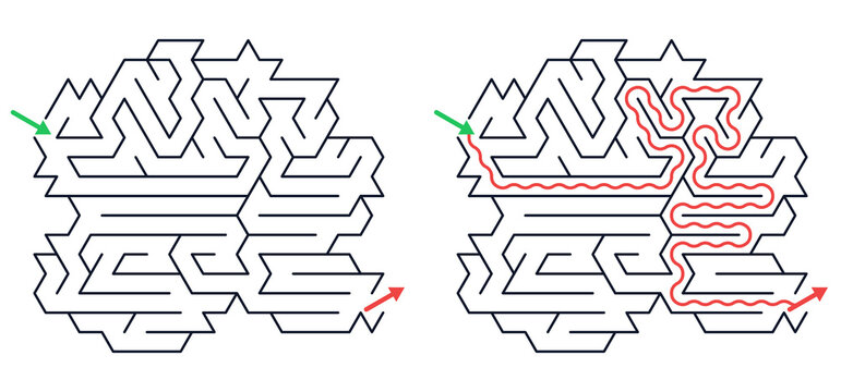 Complex labyrinth maze with solution path isolated on transparent background PNG educational logic puzzle game with entry and exit route for kids learning problem solving and brain training