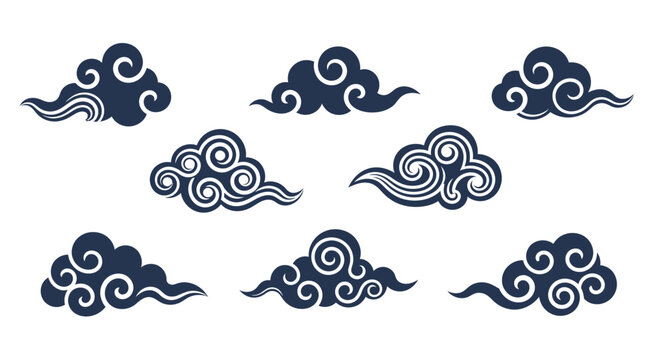 Set of traditional Asian clouds in various shapes and sizes.