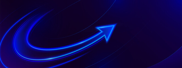 Glowing neon arrow banner, blue curvy pointer up, 3d vector abstract background. Upgrade and growth concept, progress circular sign. Light trails with dynamic motion effect © klyaksun