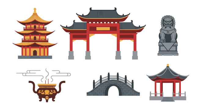 Traditional Chinese Architectural Elements and Cultural Symbols Collection.