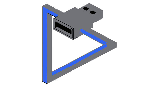 Impossible geometry usb flash drive connector merged with a penrose triangle shape in a minimalist flat vector illustration style design concept for digital tech