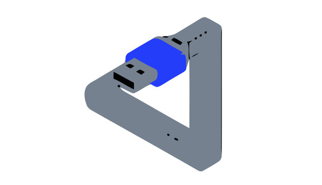 Impossible geometry illustration featuring a surreal usb connector plug bent into a triangular shape against a minimalist white background for creative design
