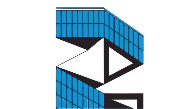 Geometric skyscraper with folded illusion blue windows black lines on white background modern architecture concept