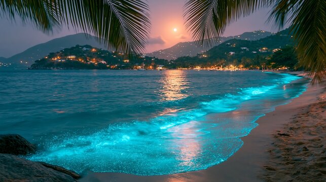 Bioluminescent waves glowing blue on a tropical beach under a full moo