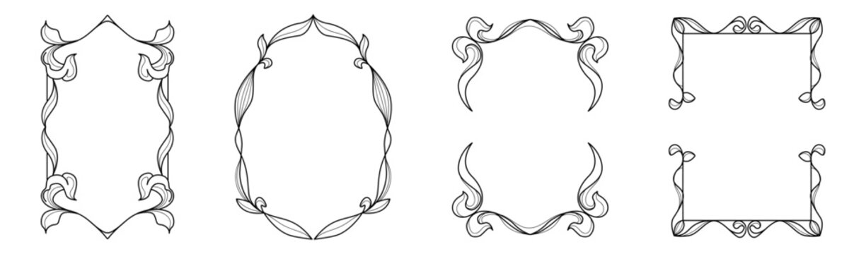 Art nouveau vintage borders with floral ornament and elegant curves motif. Vector illustration of art deco frame design for retro books, invitations, cards, decorative pattern for typography projects